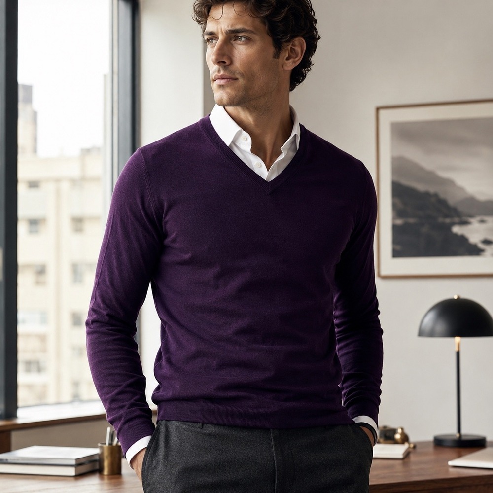 Patrick Assaraf Merino Wool Sweater Mens Medium Designer V-Neck Slim Plum Purple